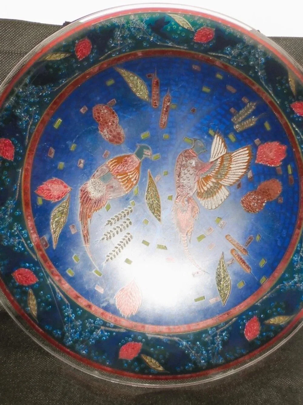 Mosaic Art Glass Plate Pheasants Catails- Blue Gold & Brown colors- Vintage